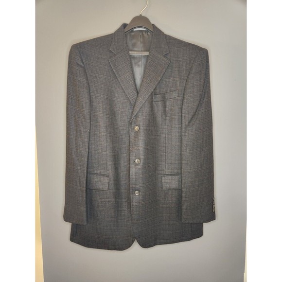 Oscar De La Renta Suit Jacket Men's 44L Gray Plaid 100% Wool - Picture 1 of 5